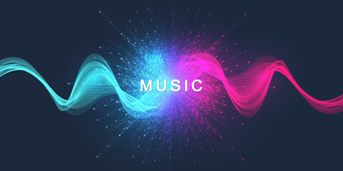 Poster - Abstract motion sound wave lines and dots dynamic vector background. Spiral pulse sound wave rhythm. Music wave poster design.