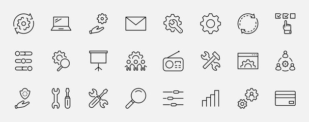 Set of Settings and Setup Vector Line Icons. Contains such Icons as Gear, Setting, Control, Iinstall, Options, Service, and more. Editable Stroke. 32x32 Pixels.