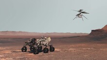 Mars. Perseverance Rover And Ingenuity Helicopter Explore Mars Against The Backdrop Of A Real Martian Landscape. Exploring Mission To Mars. Elements Of This Video Furnished By NASA. 3d Rendering.