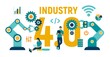 Smart Industry 4.0 concept. Industrial revolutions steps. Factory automation. Autonomous industrial technology. Colourful flat style vector illustration with characters and icons.