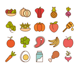 Poster - healthy food fresh fruits vegetables and protein ingredient products icons set line and fill style icon