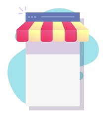 Fototapete - Internet web store shop online e-commerce concept on mobile page with blank empty screen vector or digital ecommerce web icon flat cartoon illustration, storefront or commerce modern design