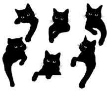 Set Of Black Cats Looking Out Of The Corner. Collection Of Cat Faces That Spy On You. Playing Pets. Tattoo.