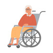 Modern elderly disabled woman in wheelchair. Old lady grandmother character on white background. Nursing home. Senior woman assisted living at hospital. Vector illustration.