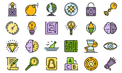 Poster - Quest icons set. Outline set of quest vector icons thin line color flat on white
