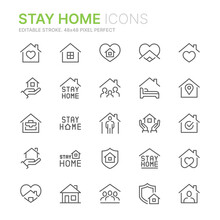 Collection Of Stay Home Related Outline Icons. 48x48 Pixel Perfect. Editable Stroke