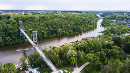 Aerial view of the suspension foot bridge over the river