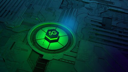 Abstract 5G technology background. Green glowing mobil internet concept. 3D rendering