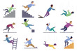 Set of falling male isolated. Falling from chair accident, falling down stairs, slipping, stumbling falling man vector illustration