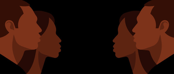 Silhouettes of the faces of black people. African woman and man face silhouettes. Background with copy space.