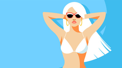 Wall Mural - Beautiful woman in the white bikini and sunglasses. Model posing with hands raised. Closeup portrait. Concept of summertime,  sunbathing, vacation and relax on the beach. Modern vector illustration.