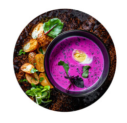 Wall Mural - Cold beetroot soup with sour cream, egg and hot potatoes in bowl isolated on white background.