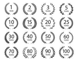 Wall Mural - Set of anniversary laurel wreaths. Black and white anniversary symbols. 1, 2,3, 5, 10, 15, 20, 25, 30,40,50, 60, 70, 80,90,100 years. Template for award and congratulation design. Vector illustration.