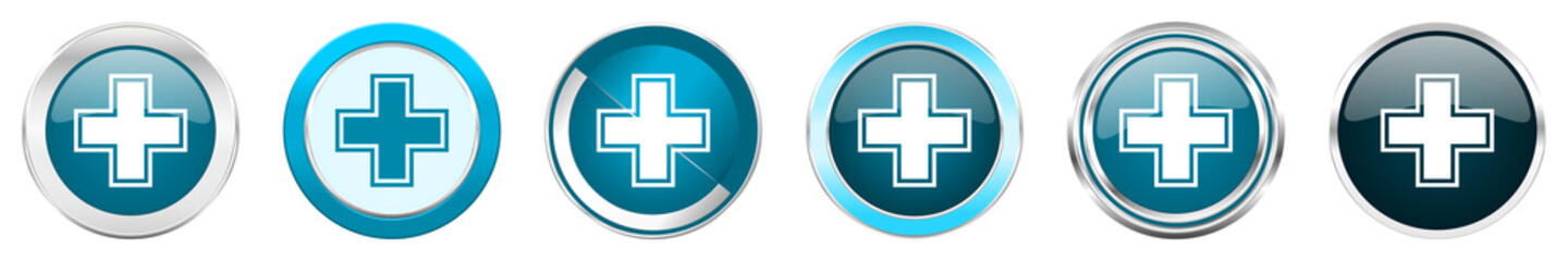 Aufkleber - Pharmacy silver metallic chrome border icons in 6 options, set of web blue round buttons isolated on white background