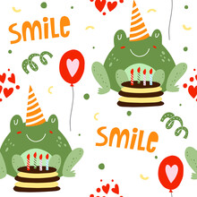 Seamless Pattern With Frogs. Happy Birthday. Greeting Card, Poster, Wrapping Paper Designs. Vector Cartoon Illustration.