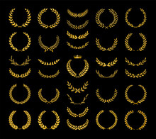 Collection Of Different Golden Silhouette Laurel Foliate, Wheat And Olive Wreaths Depicting An Award, Achievement, Heraldry, Nobility, Game Dev. Vector Illustration.