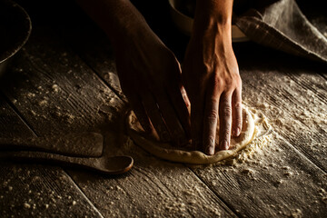 Cooking bakery hands crumple dough into  flat cake