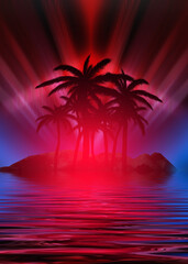 Wall Mural - Abstract futuristic background. Neon glow, reflection of tropical palm trees on the water. Night view, beach party. 3d illustration