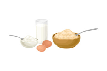 Wall Mural - Baking Ingredients with Eggs, Milk Poured in Glass and Sugar Vector Illustration