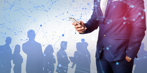 Fototapete - Collage of businessman with smartphone, global network mesh and people silhouettes, free space
