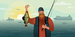 A bearded fisherman in a sweater with a float fishing rod shows his trophy catch. Flat graphic vector illustration.