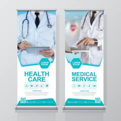 Healthcare and medical roll up design, standee banner template for exhibition