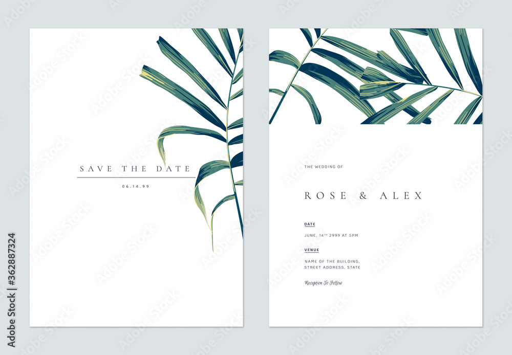 Minimalist botanical wedding invitation card template design, hand drawn palm leaves on white - obrazy, fototapety, plakaty 