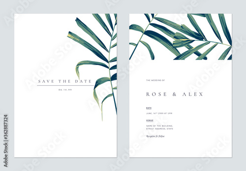 Minimalist botanical wedding invitation card template design, hand drawn palm...