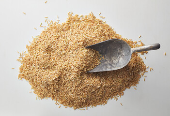 Top view shot of brown rice on white background.