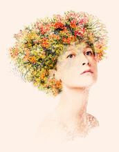 Double Exposure Portrait Of Young Woman With Bouquet Of Flowers.