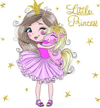 Hand Drawn Beautiful Cute Little Princess Girl With Unicorn. Vector Illustration.