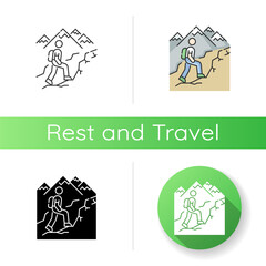 Canvas Print - Trekking icon. Linear black and RGB color styles. Nature tourism, backpacking. Outdoor recreational activity, challenging hiking trail. Tourist with backpack. Isolated vector illustrations