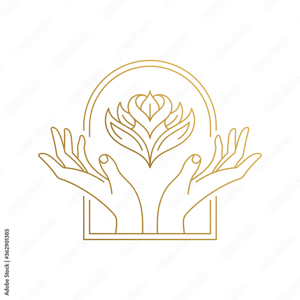 Outline emblem of hands with flower in window hand drawn with thin lines - obrazy, fototapety, plakaty 