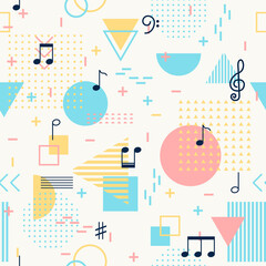 Geometric seamless pattern with music notes and signs. Alphabet vector background. Memphis style for fashion.