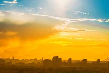 Wall Mural - Sunset in big city, downtown cityscape with sunset sky