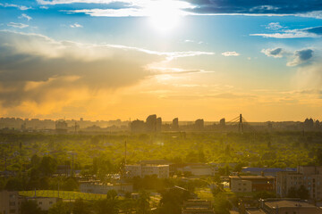 Wall Mural - Sunset in big city, downtown cityscape with sunset sky