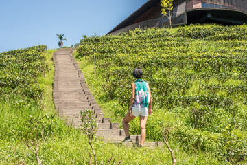 Canvas Print - asian traveling woman walk on a stairs