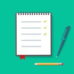 Poster - Diary paper notepad or notebook vector flat illustration with to do check list and pen pencils on table desk, checklist with checkmarks notes on spiral sheet page