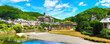 Estaing- beautiful village of France in Aveyron- touristic historic village with castle, river and bridge