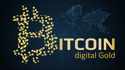 Wall Mural - text bitcoin digital gold written in gold color on a dark background. bitcoin logo made of golden bl