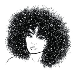 Curly beauty girl illustration isolated on clear background with long hair. Hand draw idea for business cards, templates, web, brochure, posters, postcards, salon