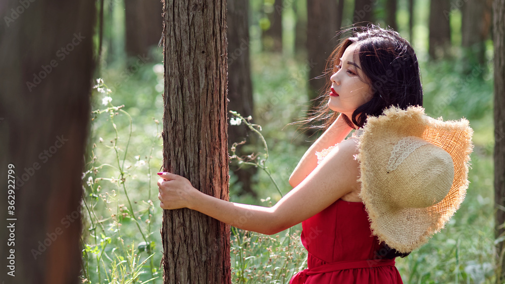 Portrait of Chinese girl in red dress pose in sunny forest. Stock Photo ...