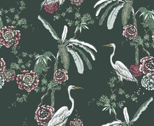 Midnight Chinoiserie Floral Seamless Pattern, White Cranes In Palms And Roses On Dark Background, Chinese Wallpaper Design Flower Plants Jungle Forest, Tropical Birds
