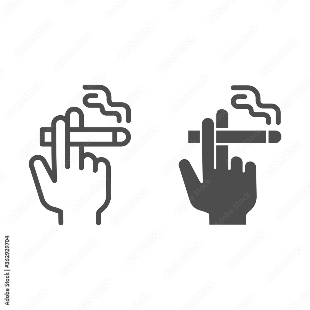 cigarette sign language Hand with a cigarette line and solid icon, Smoking concept, Hand holding cigarette  sign on white background, Smoker hand icon in outline style for mobile  concept and web design. Vector graphics. Stock