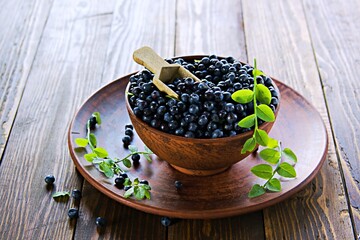 Wall Mural - Fresh wild blueberries in a clay brown bowl on a wooden background. Healthy food, snacks.