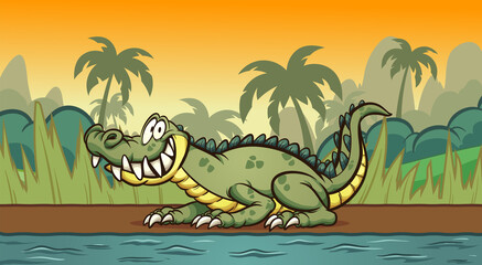 Happy cartoon crocodile resting on the river shore. Vector clip art illustration with simple gradients. Some elements on separate layers. 
