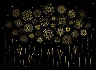 Abstract burst gold pattern fireworks set. Art deco star shaped firework pattern collection isolated on black background with rays and trails. Birthday party or carnival festive decoration,