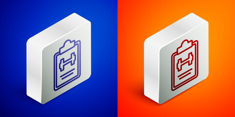Isometric line Sport training program or fitness plan icon isolated on blue and orange background. Silver square button. Vector.