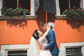 Perfect couple bride, groom posing and kissing in their wedding day