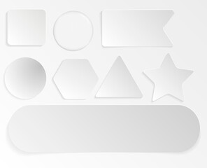 Poster - Set of white different shaped stickers and flags realistic style, vector illustration isolated on transparent background. Blank adhesive sheets of adhesive notes paper for labeling information